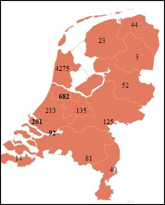 Kaartje met het verspreidingsgebied van de naam Groot in Nederland dd 1947.